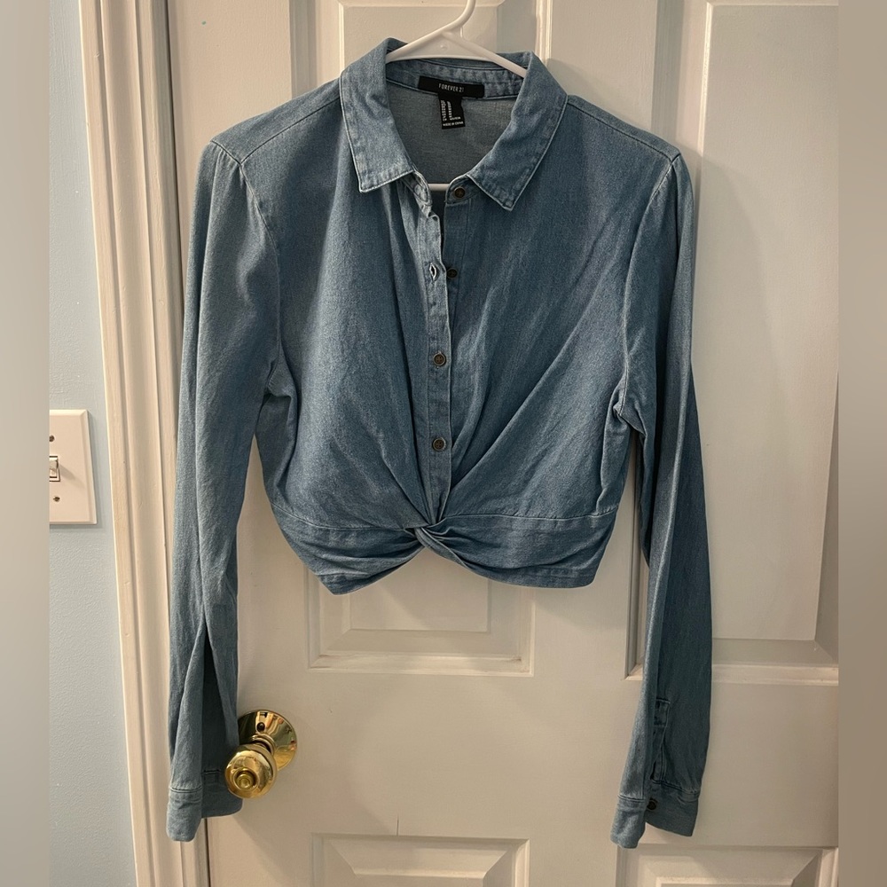 Forever 21 Denim Button-Up Cropped Blouse Long-sleeve